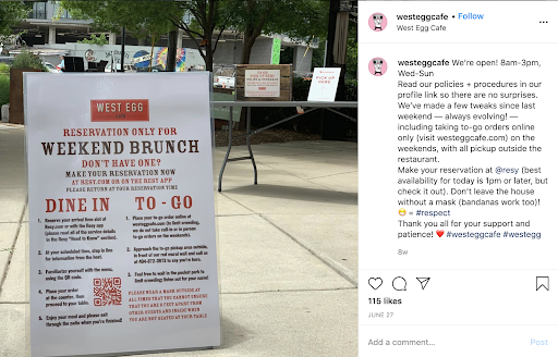 Reopening sign for customers, West Egg Cafe